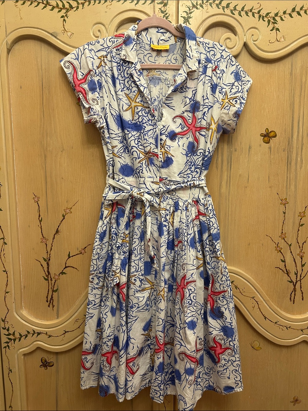 Bernie Dexter Seaside Starfish Kelly Shirtwaist Dress with Blue & Pink Accents.